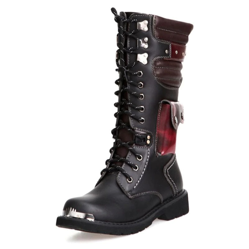 Punk Men's Genuine Leather Boots with Pocket / Lace up Motorcycle Boots / Knee-High Boots - HARD'N'HEAVY