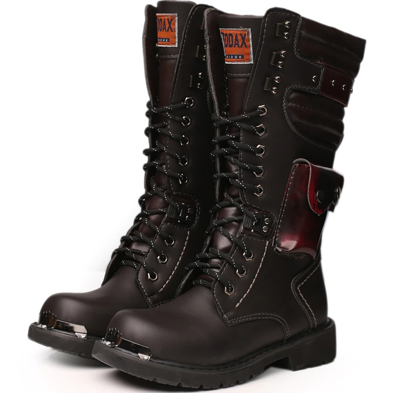 Punk men's lace-up leather boots with stylish pockets, perfect for motorcycle rides and edgy fashion.