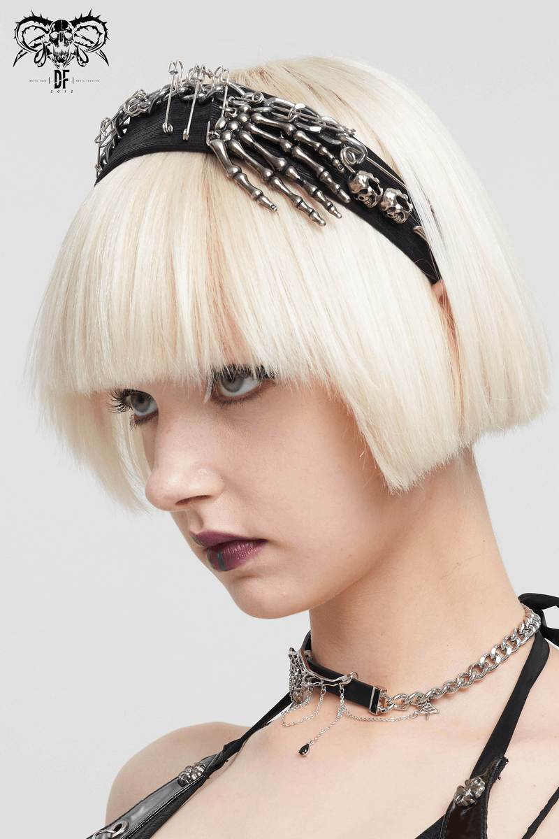 Punk metal skeleton hair band worn by a model with blonde bob haircut, showcasing edgy women's hair accessories.
