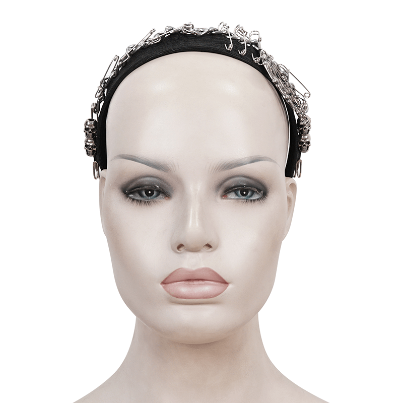 Punk metal skeleton splice hair band on a mannequin, showcasing stylish decoration pins for women's hair accessories.