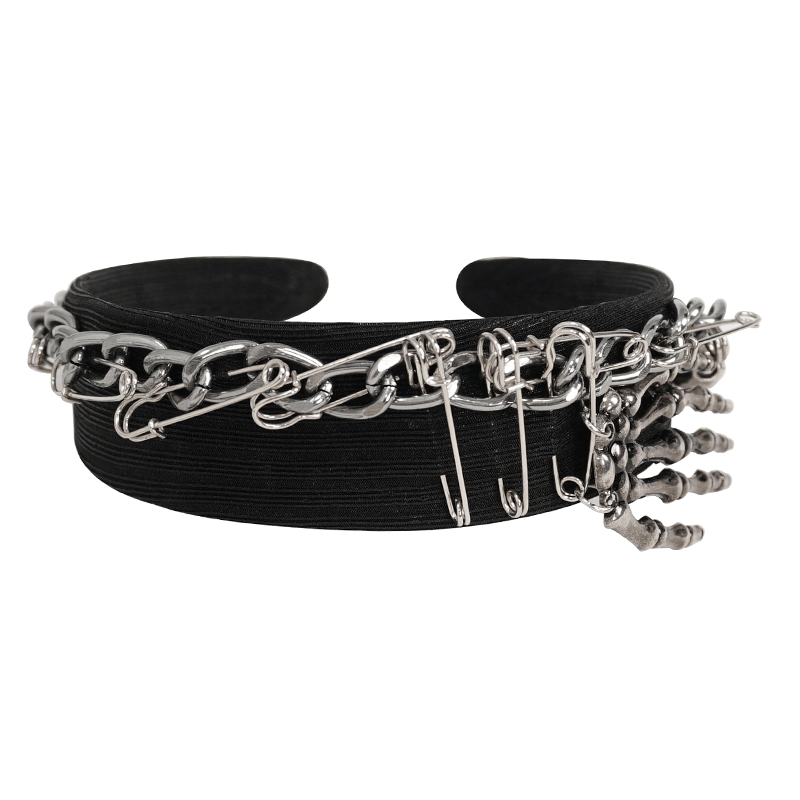 Punk metal skeleton hair band with chains and decorative pins for women, perfect stylish accessory.