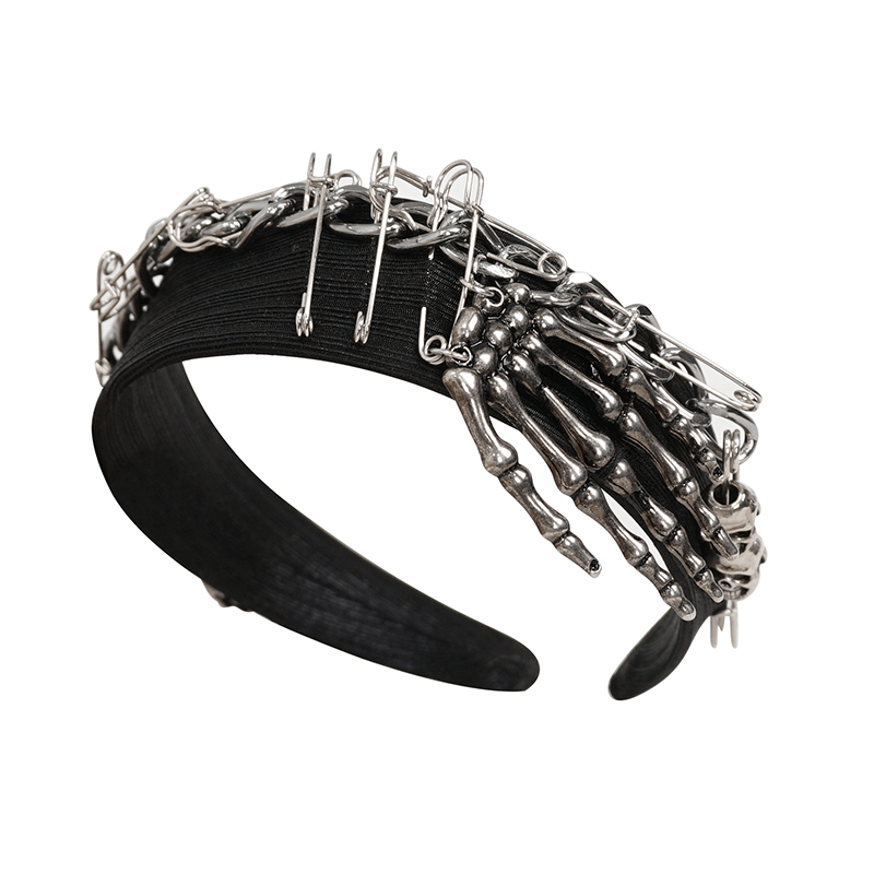 Punk metal skeleton splice hair band featuring skeleton design and decorative pins, perfect women's hair accessory.