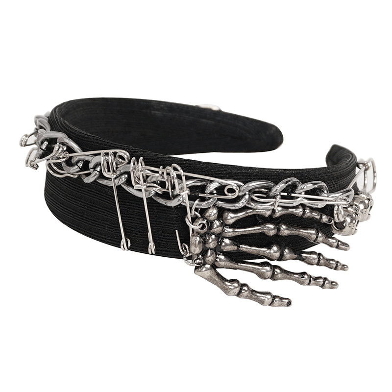 Punk metal skeleton splice hair band featuring stylish skeleton hand design and silver chain accents.