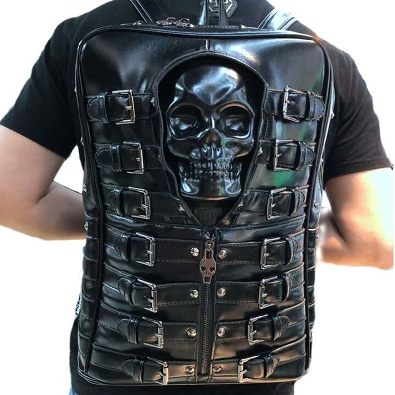 Punk Motorcycle Backpack With 3D Skull Head / Unisex Original Leather Backpack - HARD'N'HEAVY