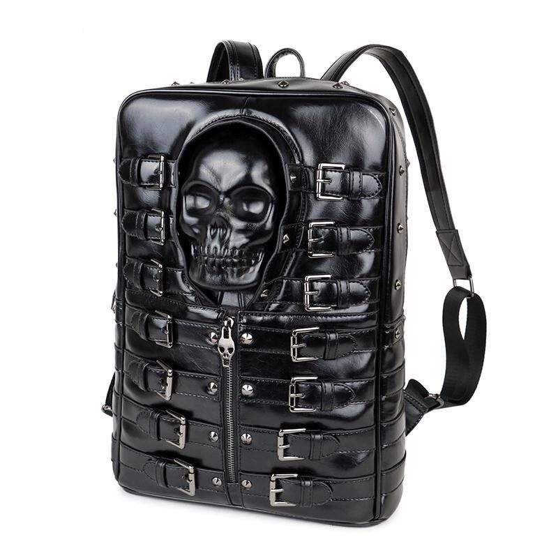 Punk Motorcycle Backpack With 3D Skull Head / Unisex Original Leather Backpack - HARD'N'HEAVY