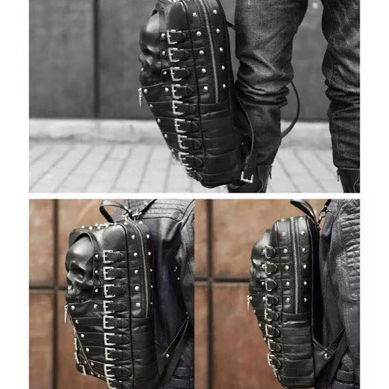 Punk Motorcycle Backpack With 3D Skull Head / Unisex Original Leather Backpack - HARD'N'HEAVY