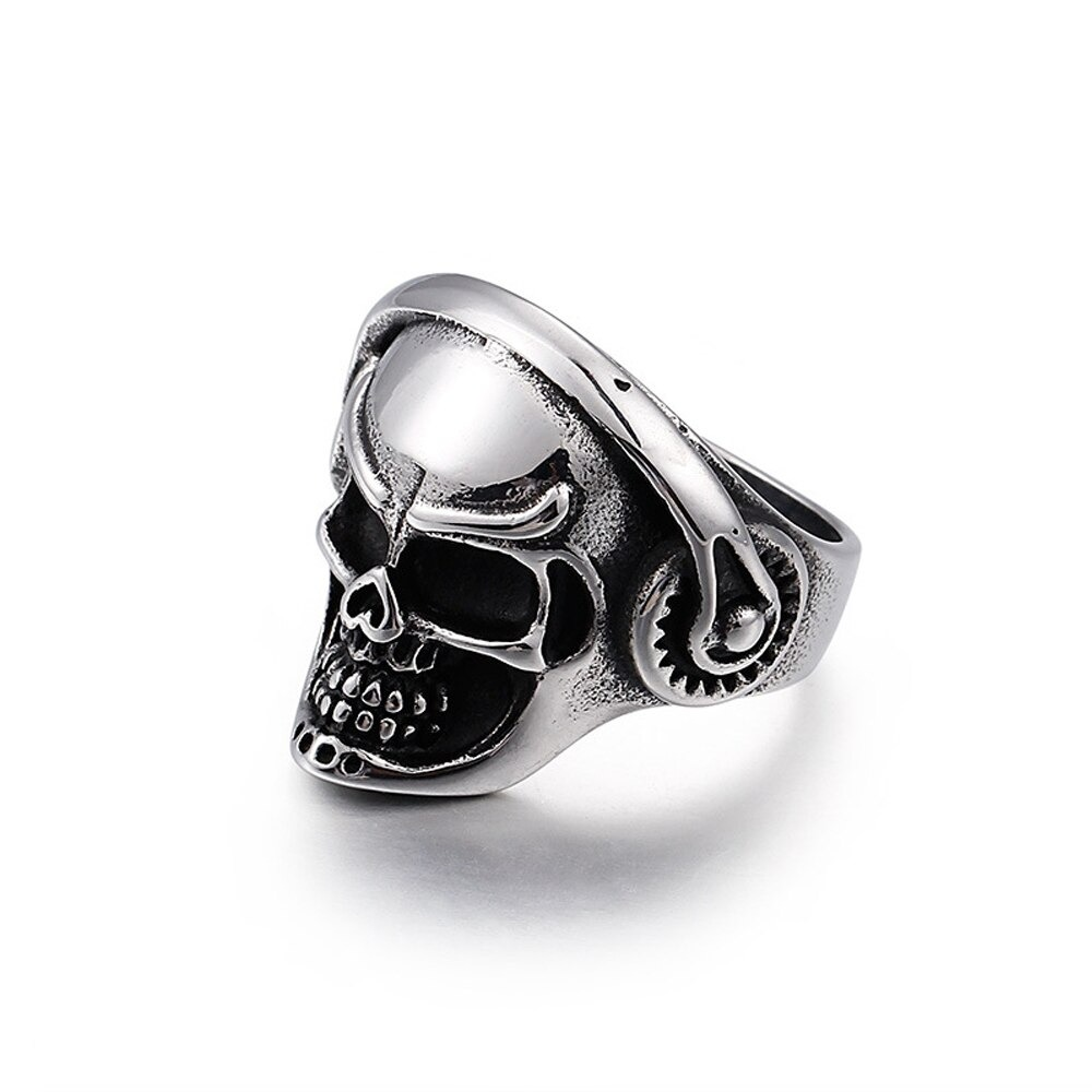 Punk style stainless steel skull ring with headphones for unisex fashion and gothic accessories.