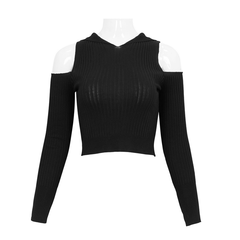 Punk Off Shoulder Knitted Hooded Top with Hollow out Back / Women's Black Long Sleeves Hoodies