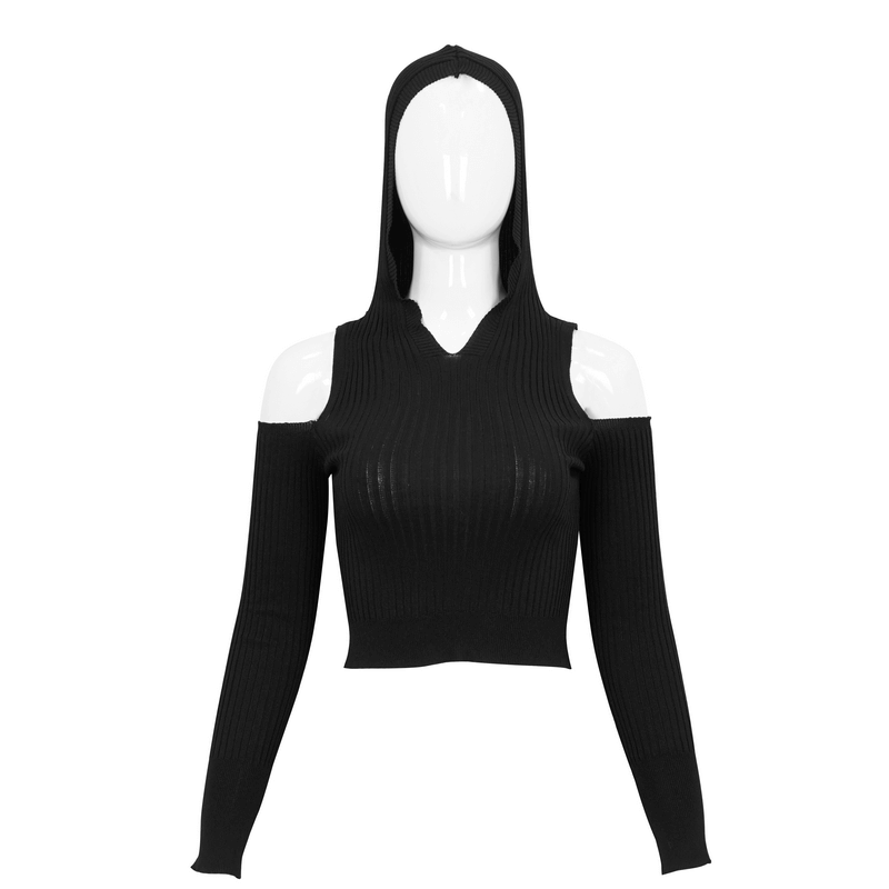 Women's black off-shoulder knitted hooded top with hollowed back, perfect for punk fashion.