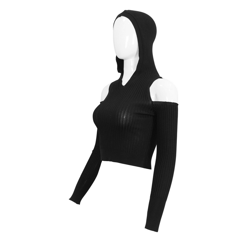 Women's black off-shoulder knitted hooded top with long sleeves for punk style fashion.