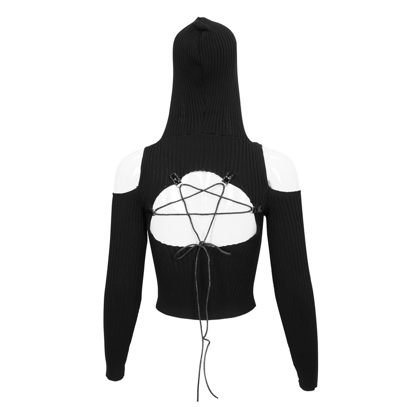 Back view of a women's black off-shoulder knitted hoodie with hollow out design, perfect for punk fashion.