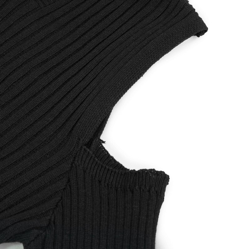 Close-up of hollowed out back detail on black knitted punk hooded top for women.