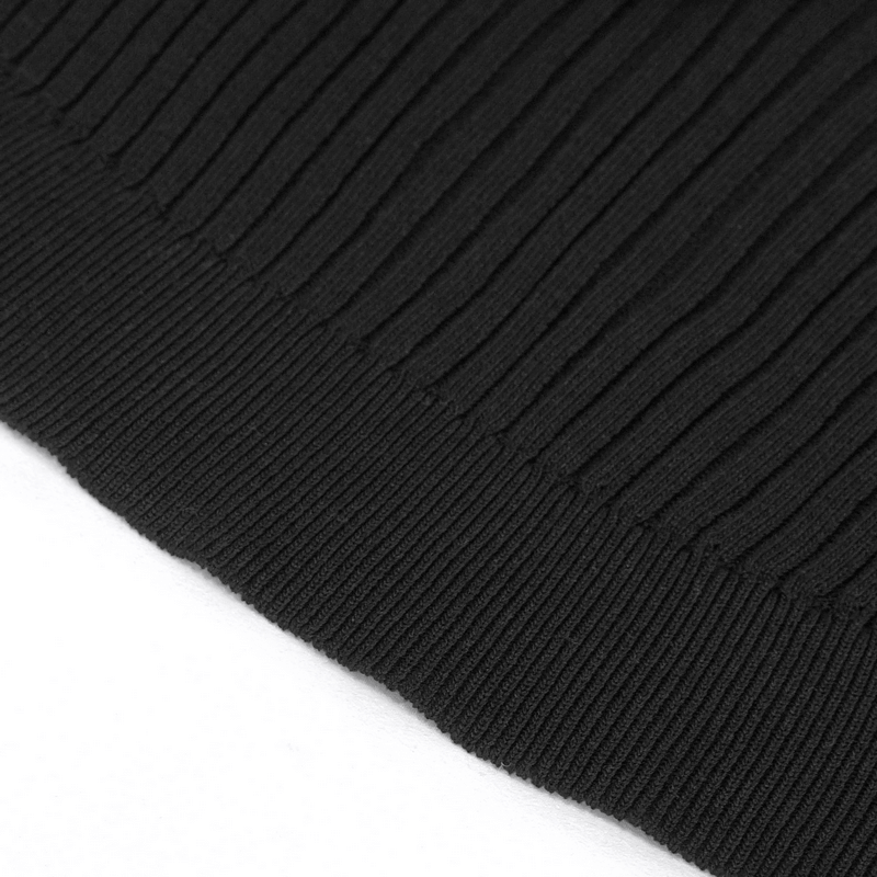 Close-up of ribbed texture on a black knitted top, showcasing the stylish design of a punk hooded sweatshirt.