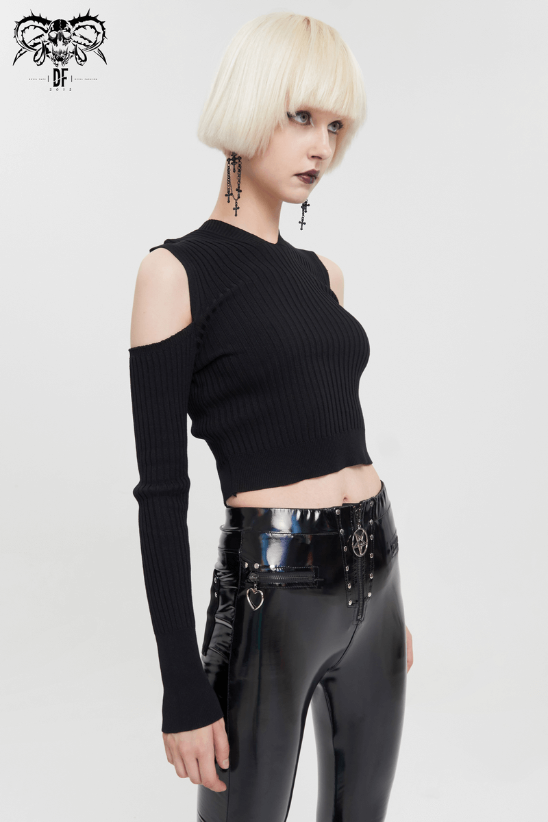 Women's black off-shoulder knitted top in punk style, featuring long sleeves and a modern cut.