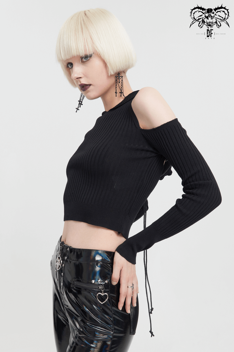 Punk women's black off-shoulder knitted hooded top, stylish with hollow back and long sleeves.