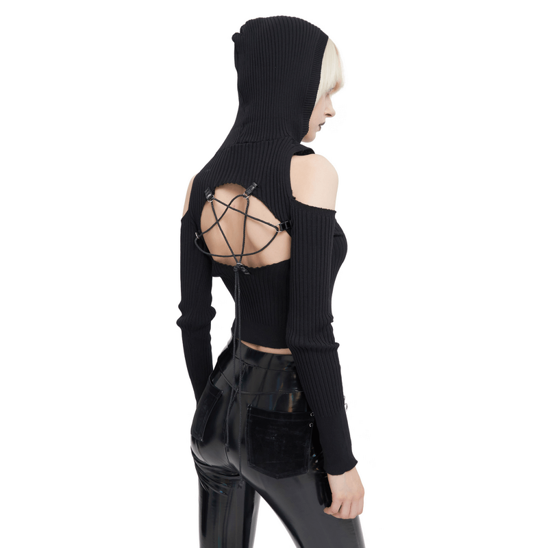 Women's black off-shoulder knitted hooded top with hollow back detail, perfect for a punk fashion statement.