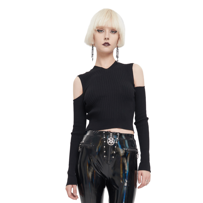 Punk off-shoulder black knitted top with long sleeves and hollow back, perfect for edgy fashion.