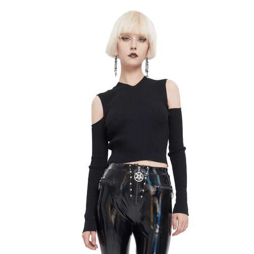 Punk Off Shoulder Knitted Hooded Top with Hollow out Back / Women's Black Long Sleeves Hoodies