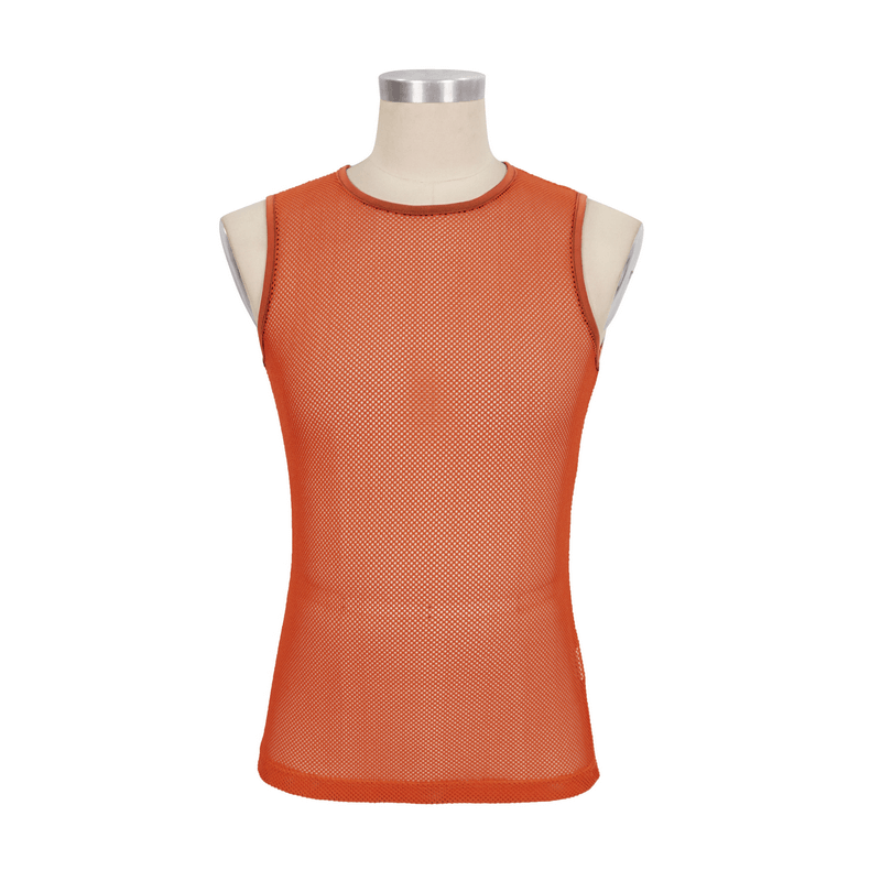 Men's punk orange sleeveless mesh tank top showcasing a bold see-through design for alternative fashion lovers.
