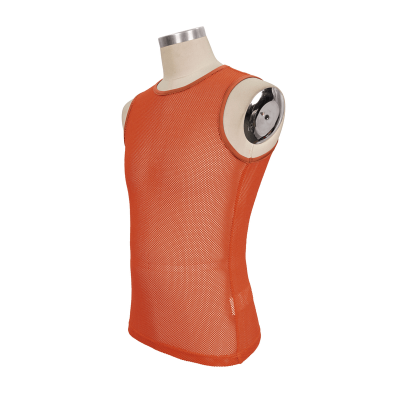 Punk orange sleeveless mesh tank top for men, round neck, see-through design for bold fashion statements.
