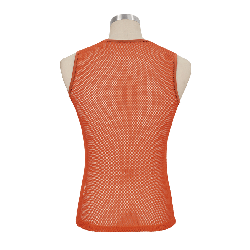 Back view of men's punk orange sleeveless mesh tank top, showcasing its see-through design and edgy style.
