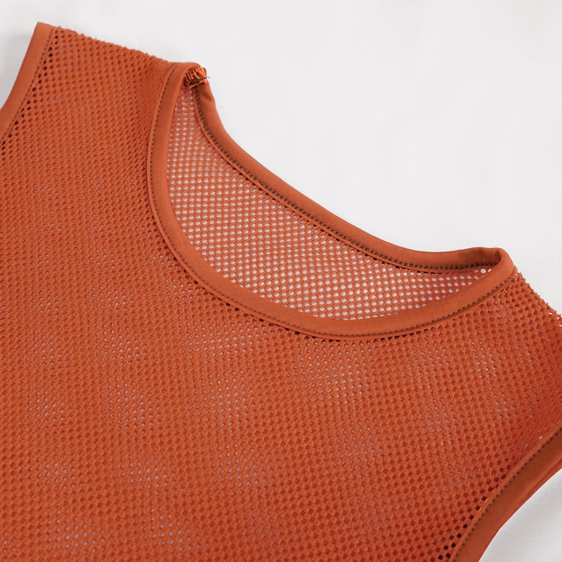 Close-up of men's orange sleeveless mesh tank top with round neck, showcasing a stylish see-through design.