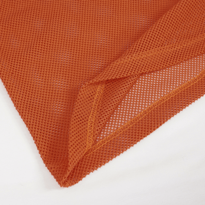 Close-up of the orange mesh fabric showcasing the breathable texture for punk-style tank tops.