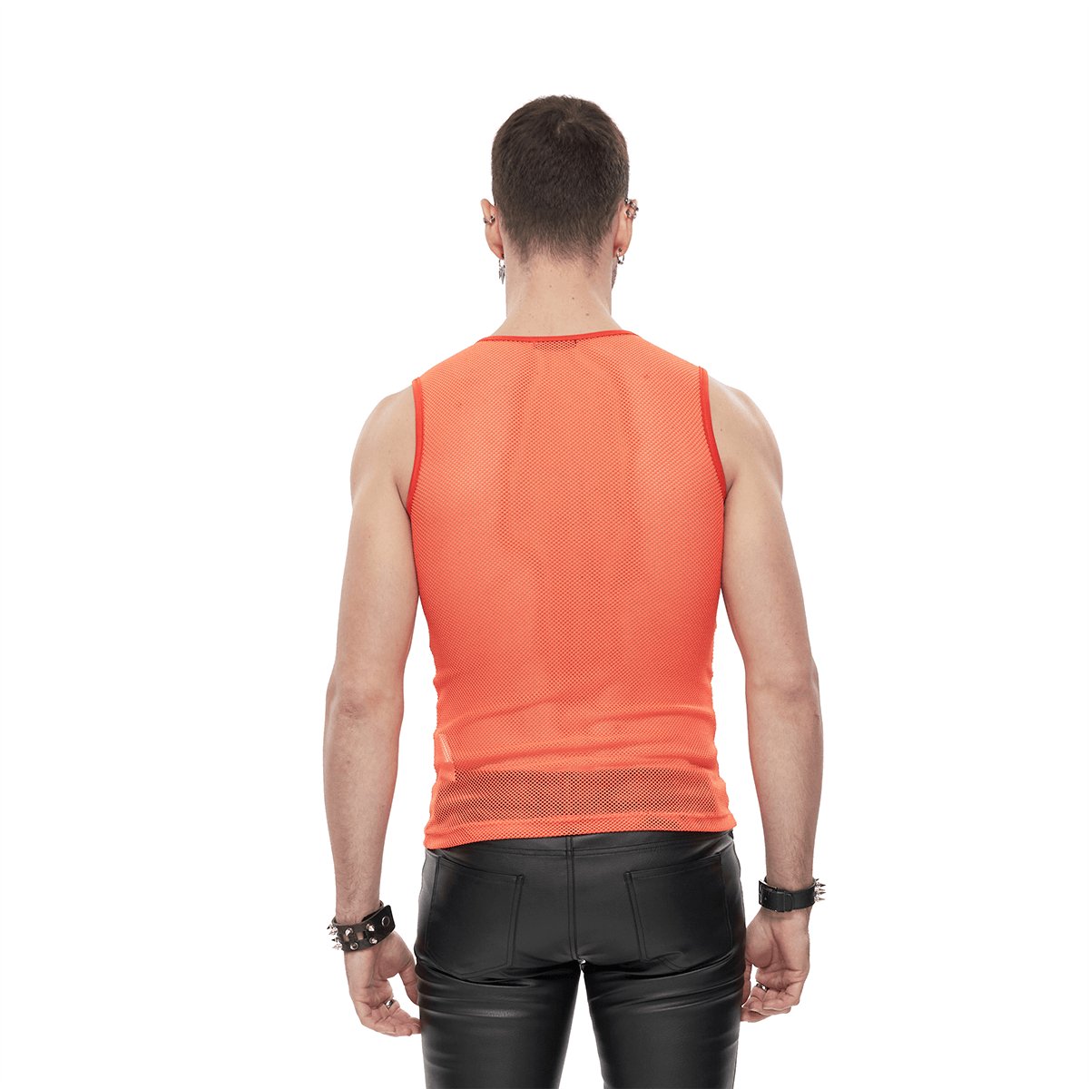 Back view of a man in a punk orange sleeveless mesh tank top, showcasing a daring alternative fashion style.