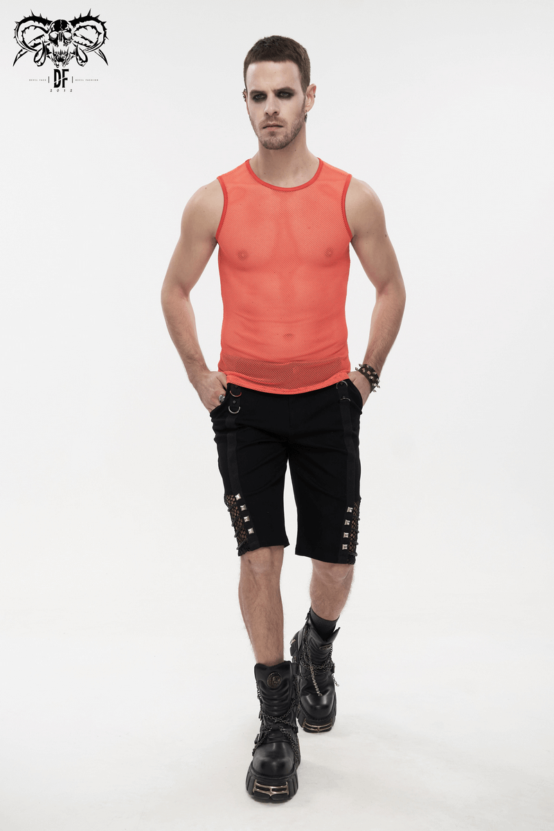 Men's punk-style orange mesh tank top with sleeveless design and see-through look, perfect for bold fashion statements.