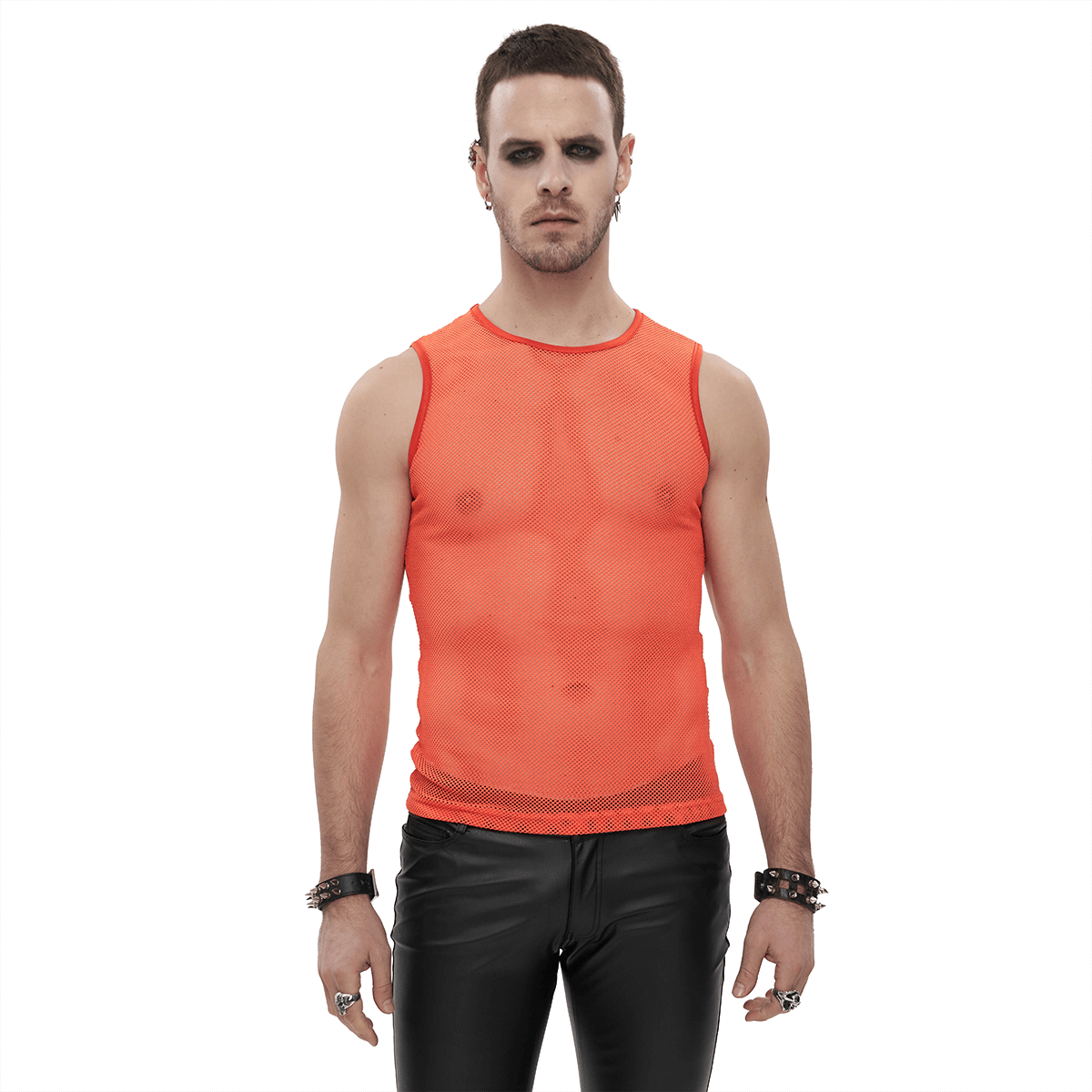Men's punk orange sleeveless mesh tank top showcasing a bold and rebellious style in a daringly see-through design.