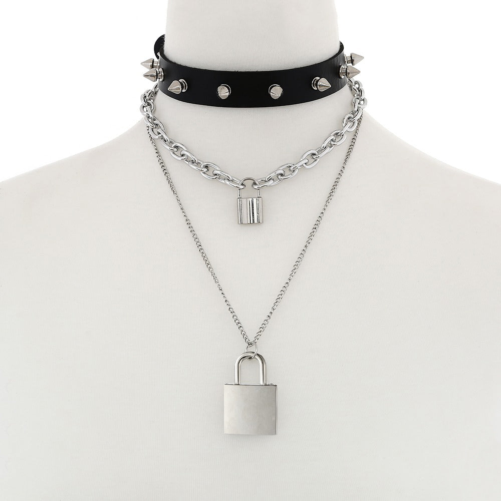 Punk padlock chain necklace / Women/men goth spiked choker collar / Black leather emo jewelry - HARD'N'HEAVY