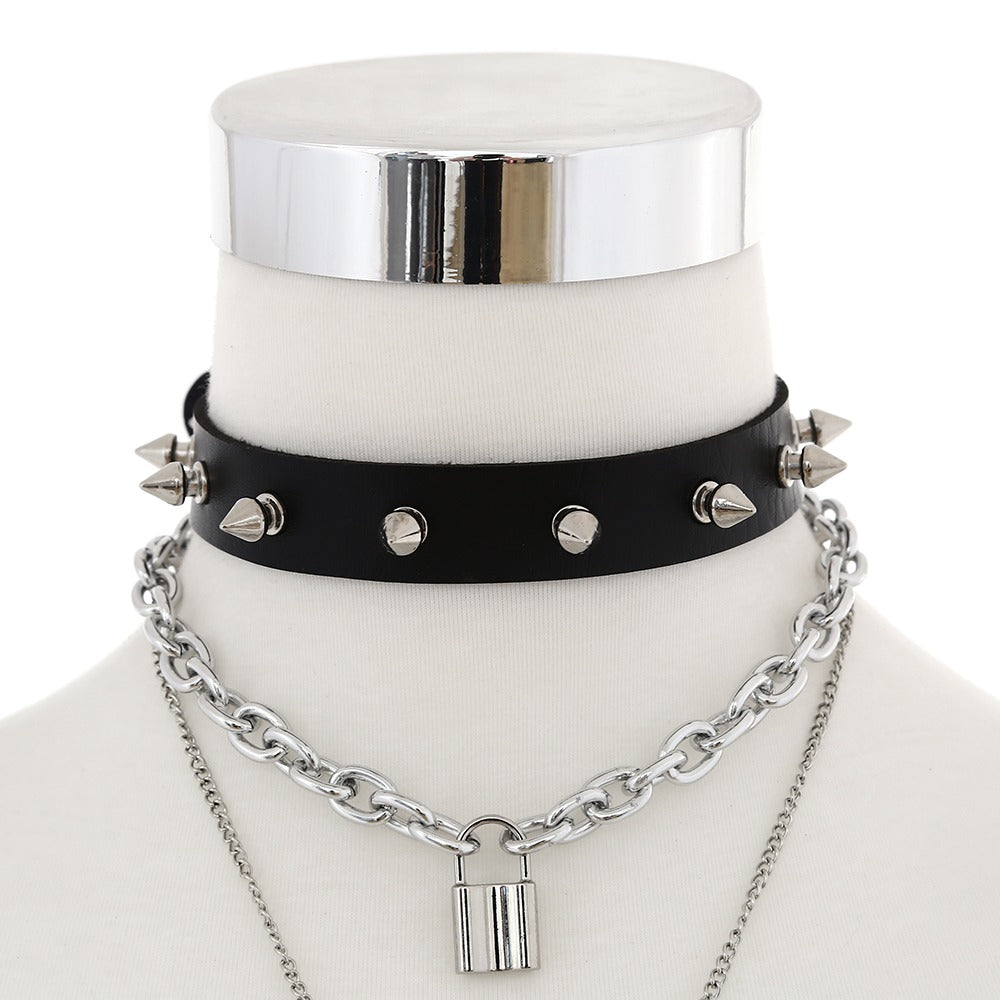 Punk padlock chain necklace / Women/men goth spiked choker collar / Black leather emo jewelry - HARD'N'HEAVY