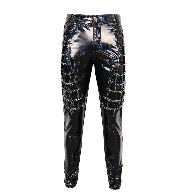 Punk Patent Leather Pants with Chains / Black Gothic Fitted Trousers for Men