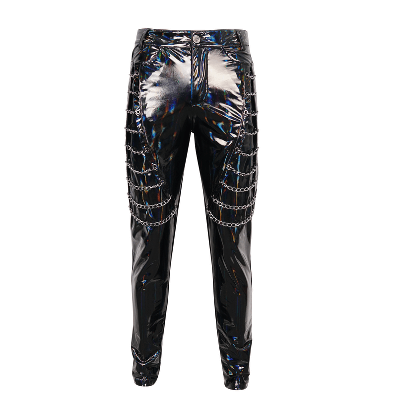 Men's black patent leather pants with chains, perfect for punk and gothic style outfits.