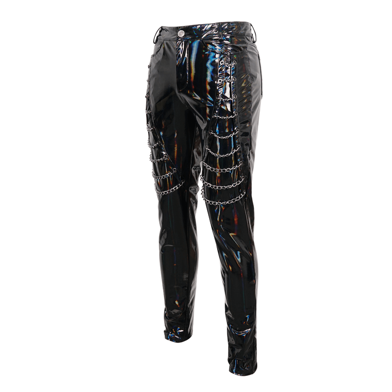 Men's black patent leather pants with chains, showcasing punk gothic style and fitted design for a bold wardrobe choice.