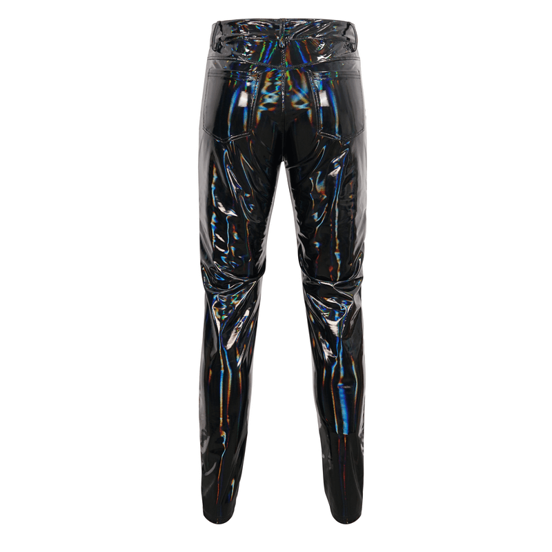 Men's black patent leather pants with chains, showcasing a stylish punk gothic look from the back.