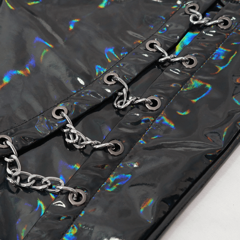 Close-up of black patent leather with shiny chains, showcasing punk style details for men's fitted trousers.