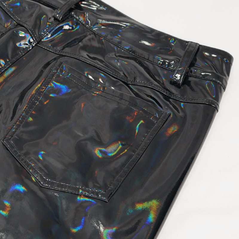 Close-up of black patent leather pants showcasing a shiny finish and detailed back pocket design.