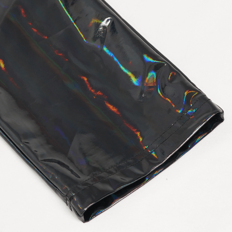 Close-up of black patent leather fabric with a shiny finish, showcasing textures for punk style trousers.
