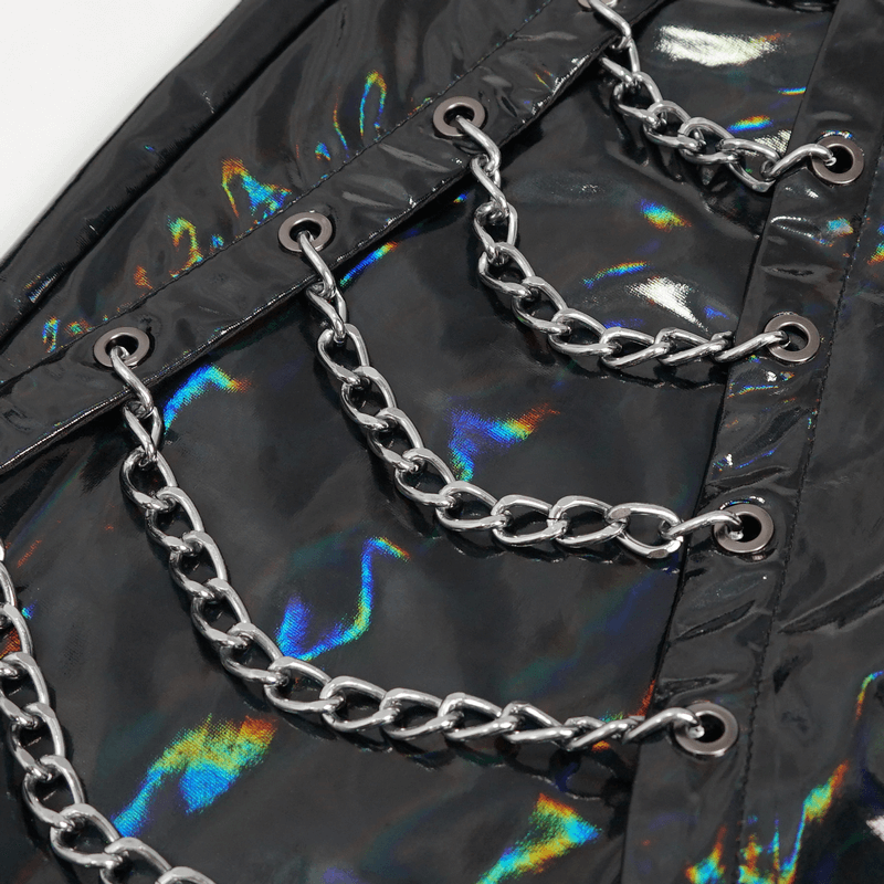 Close-up of black patent leather pants featuring shiny chains, perfect for punk and gothic fashion enthusiast.