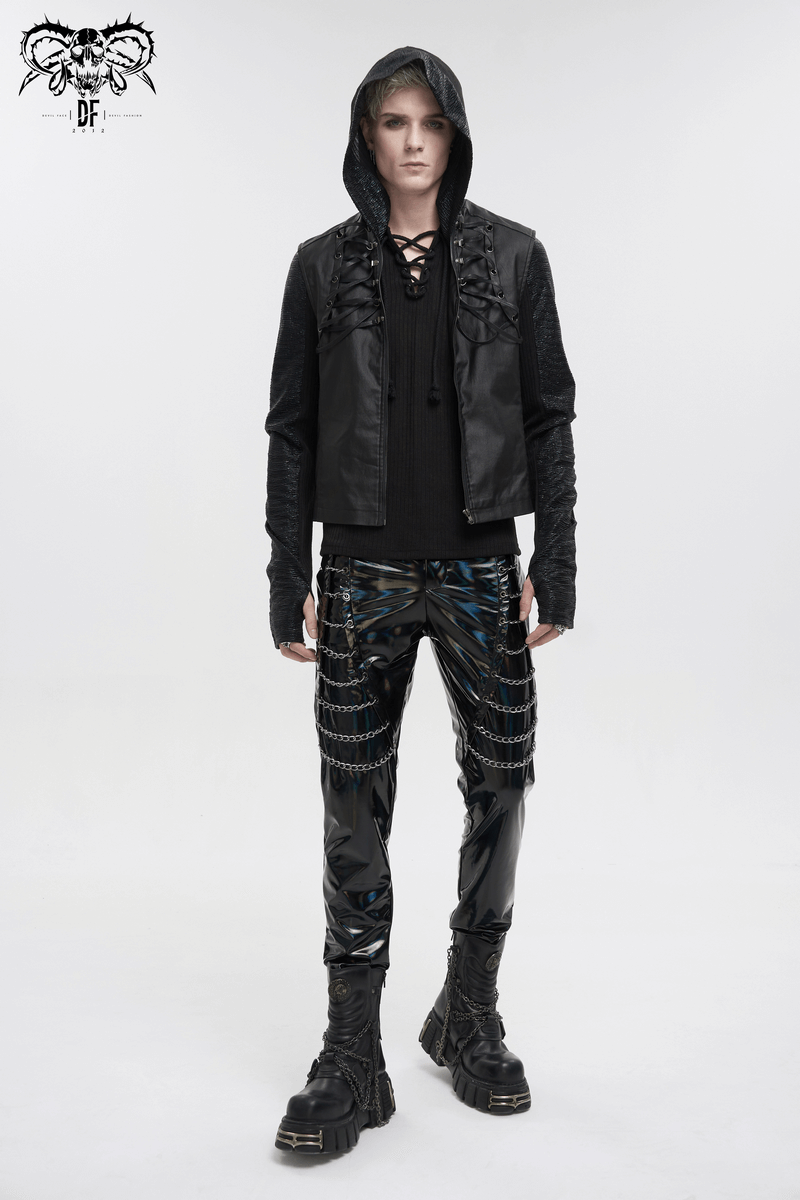 Punk Patent Leather Pants with Chains / Black Gothic Fitted Trousers for Men