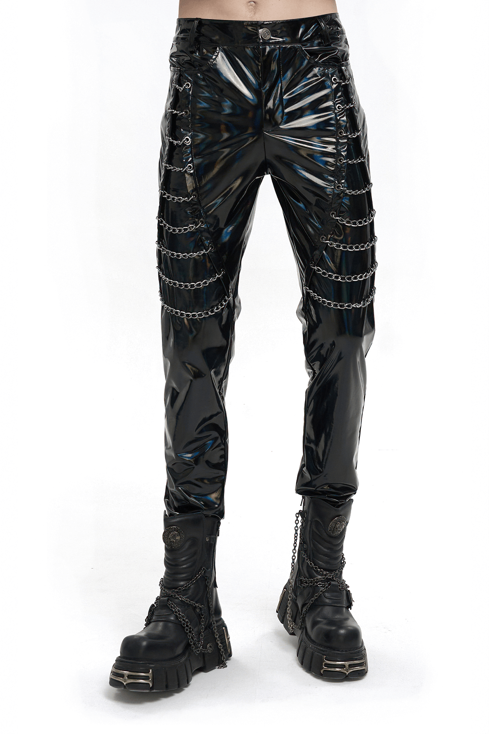 Men's black patent leather pants with chains, perfect for a punk gothic style outfit.