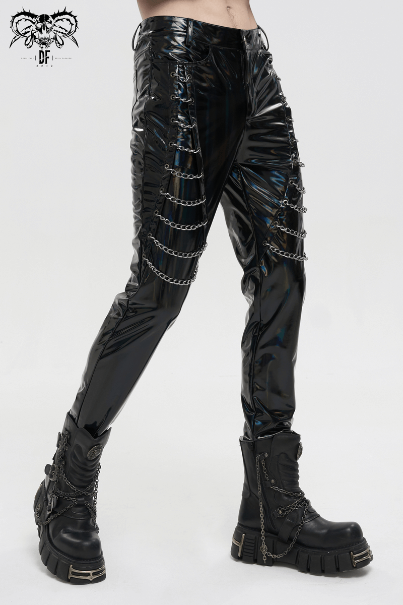 Men's black patent leather pants with chains, styled in a punk gothic fashion, perfect for edgy wardrobes.