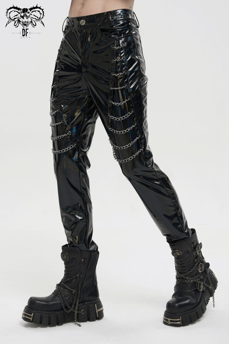 Men's black patent leather pants with chains, showcasing punk style and a fitted look, perfect for gothic fashion enthusiasts.