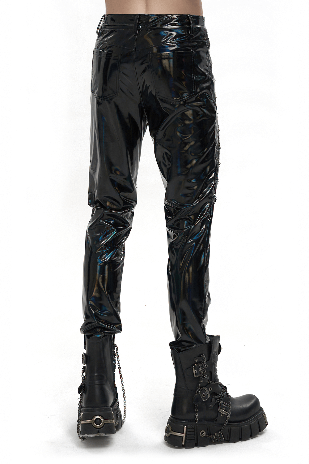 Men's black patent leather pants with chains, showcasing a punk style for a trendy gothic wardrobe.