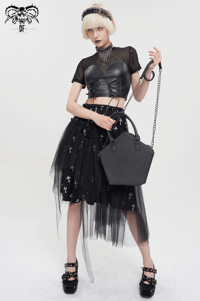 Gothic stylish black crossbody bag with chain details, paired with punk outfit, perfect for ladies seeking edgy fashion.