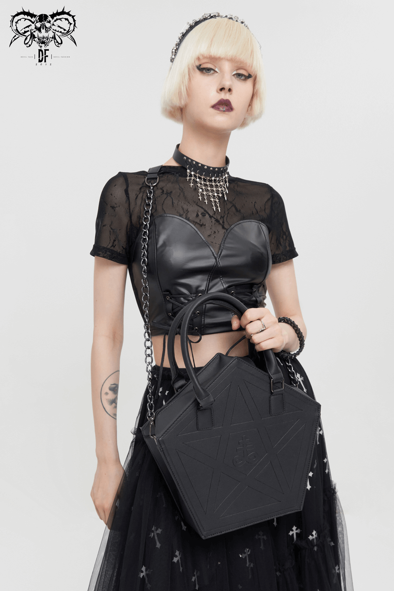 Gothic stylish black pentagon crossbody bag with chain handle, perfect for punk outfits. Fashionable women's handbag by Devil Fashion.