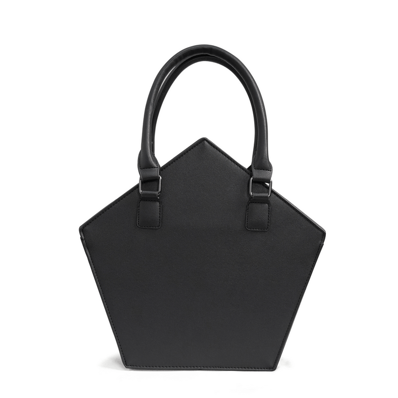 Gothic pentagon crossbody bag in black with stylish handle, perfect for punk fashion lovers and large capacity.