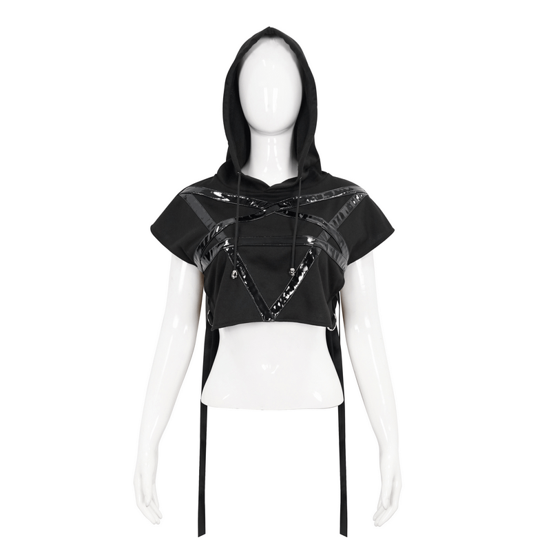Punk Pentagram Hooded Short Top / Gothic Short Sleeves Black Asymmetric Top