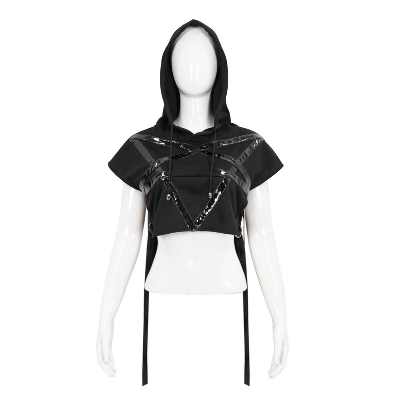Punk pentagram hooded short top with asymmetric cut and stylish black design, perfect for a gothic wardrobe.